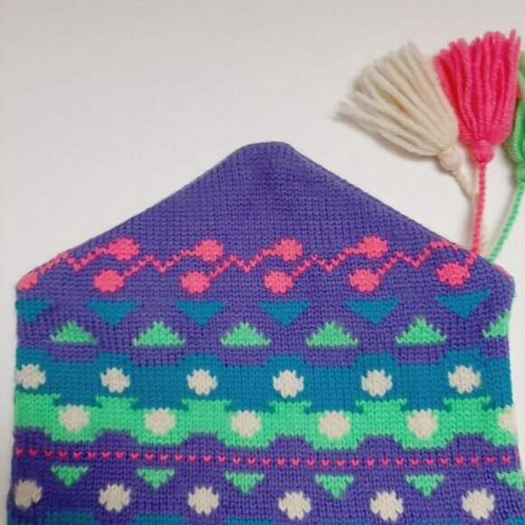 Retro 80's MURRAY MERKLEY 100% Wool Intarsia Geo Pattern Knit Beanie Hat Pom-Pom - Picture 5 of 15